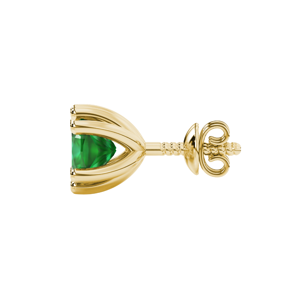 Green cushion cut gemstone stud earrings in gold featuring a refined six-prong basket setting