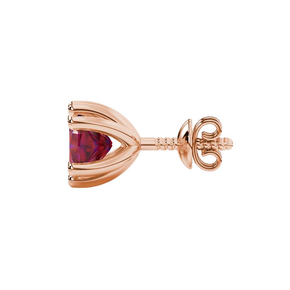 Red cushion cut gemstone stud earrings in gold featuring a refined six-prong basket setting