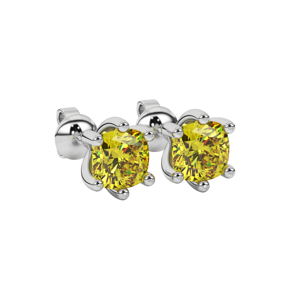 Yellow cushion cut gemstone stud earrings in gold featuring a refined six-prong basket setting