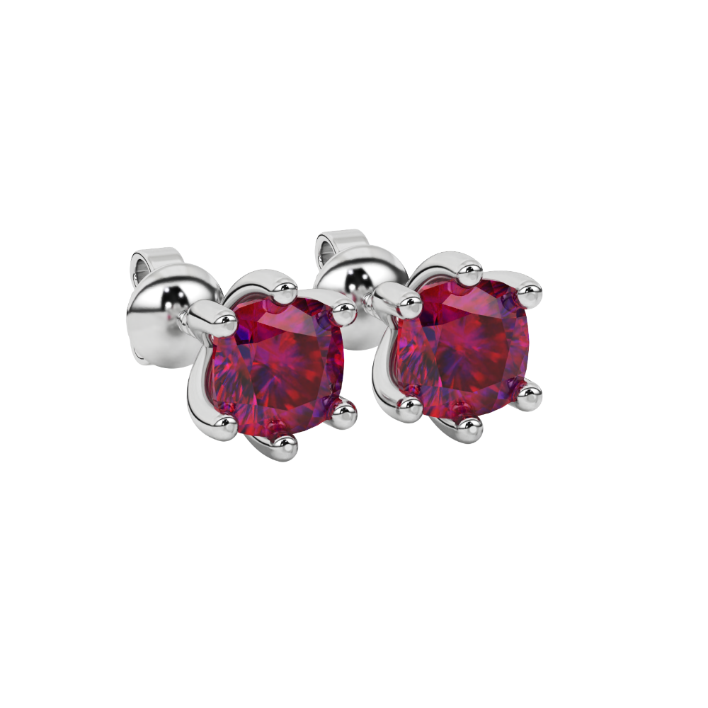Red cushion cut gemstone stud earrings in gold featuring a refined six-prong basket setting