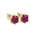 Red cushion cut gemstone stud earrings in gold featuring a refined six-prong basket setting