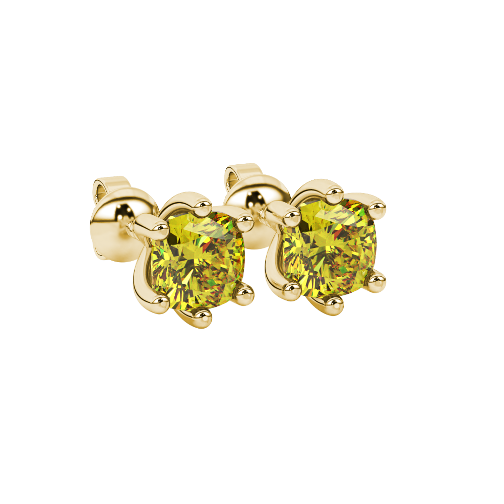 Yellow cushion cut gemstone stud earrings in gold featuring a refined six-prong basket setting