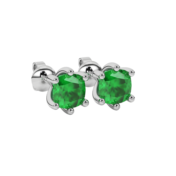 Green cushion cut gemstone stud earrings in gold featuring a refined six-prong basket setting