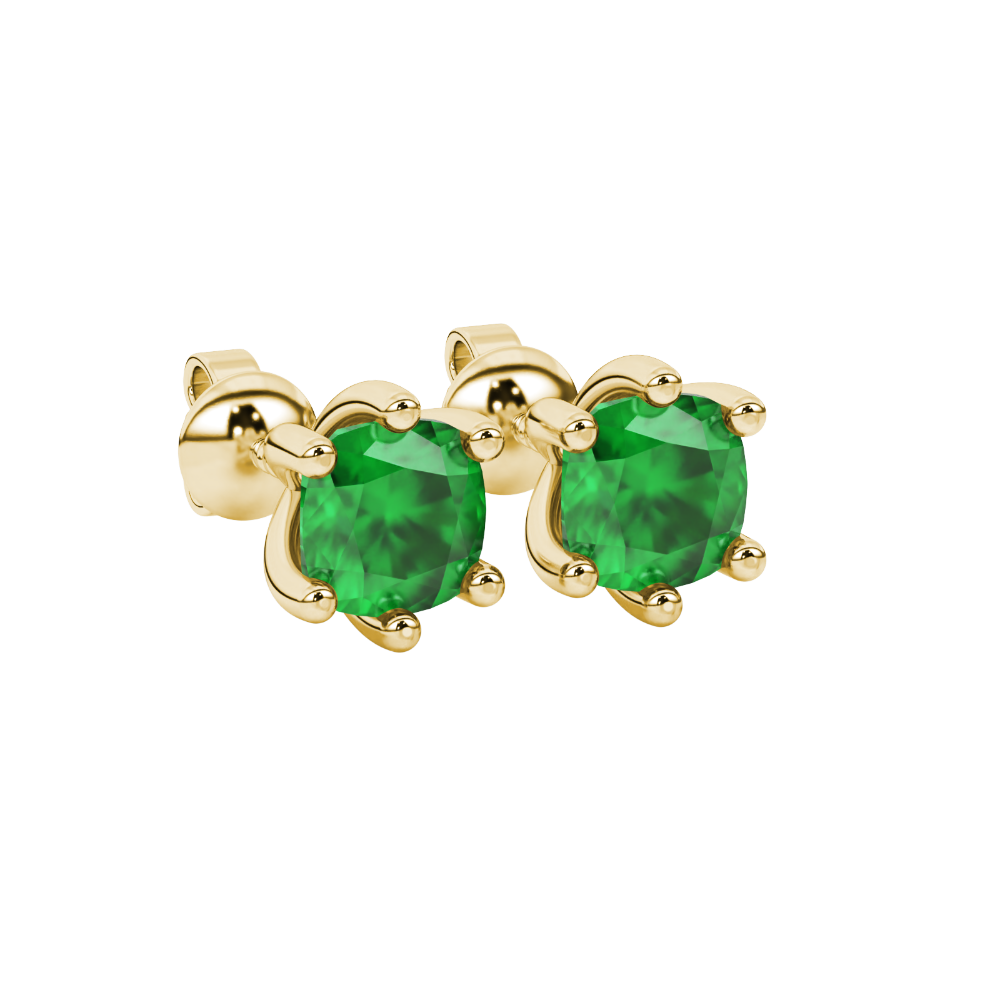 Green cushion cut gemstone stud earrings in gold featuring a refined six-prong basket setting