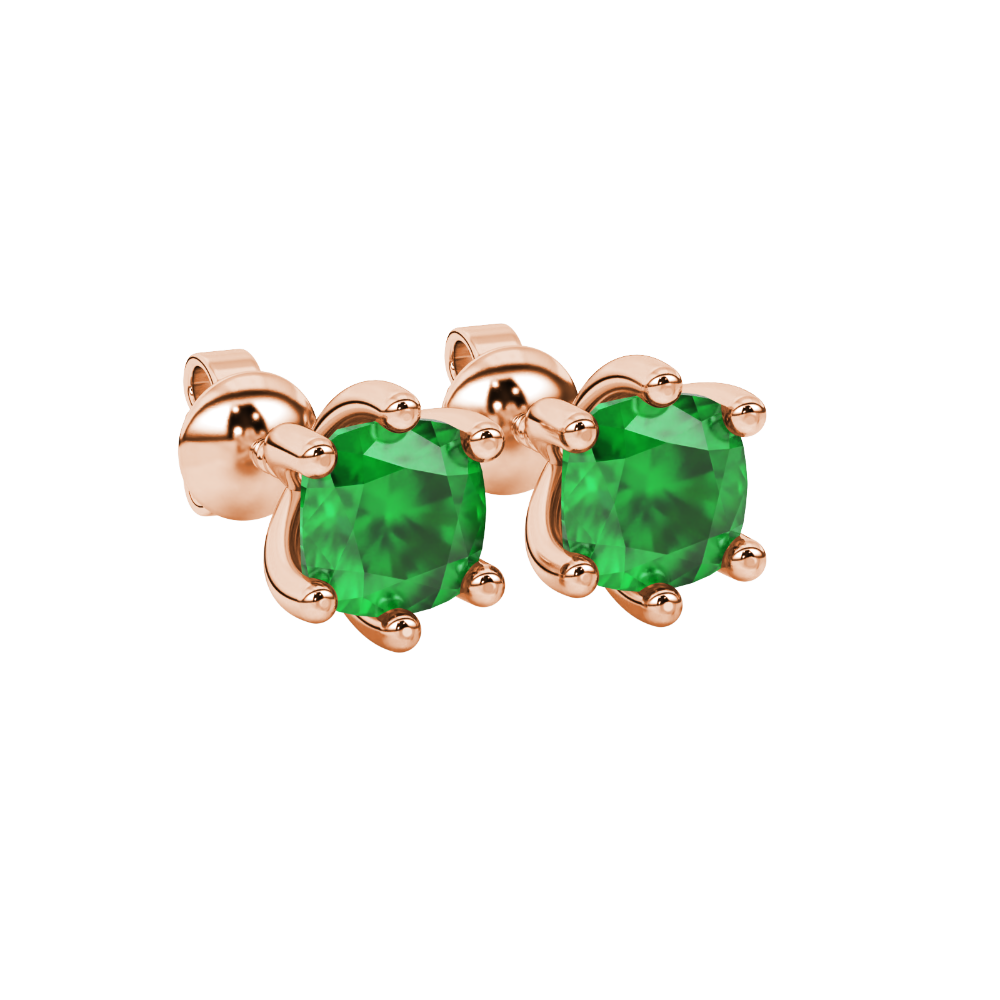 Green cushion cut gemstone stud earrings in gold featuring a refined six-prong basket setting