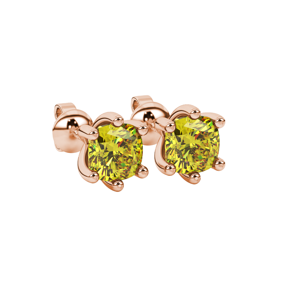 Yellow cushion cut gemstone stud earrings in gold featuring a refined six-prong basket setting
