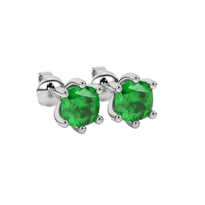 Green cushion cut gemstone stud earrings in gold featuring a refined six-prong basket setting