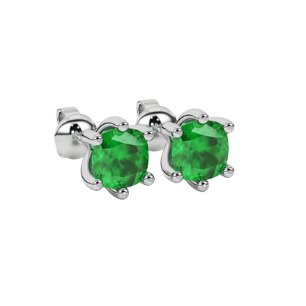 Green cushion cut gemstone stud earrings in gold featuring a refined six-prong basket setting