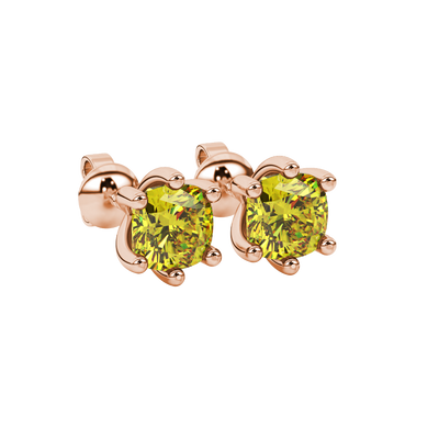 Yellow cushion cut gemstone stud earrings in gold featuring a refined six-prong basket setting