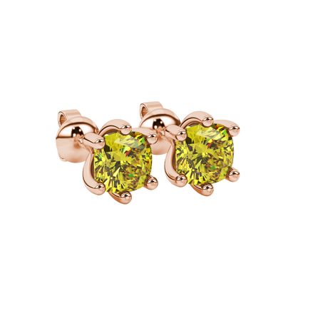 Yellow cushion cut gemstone stud earrings in gold featuring a refined six-prong basket setting