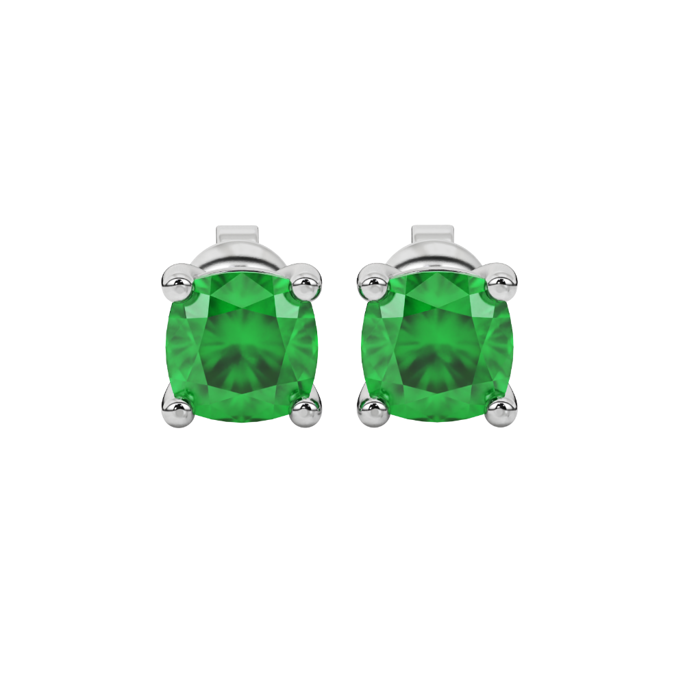 Green cushion cut gemstone stud earrings in white gold with four-prong basket setting