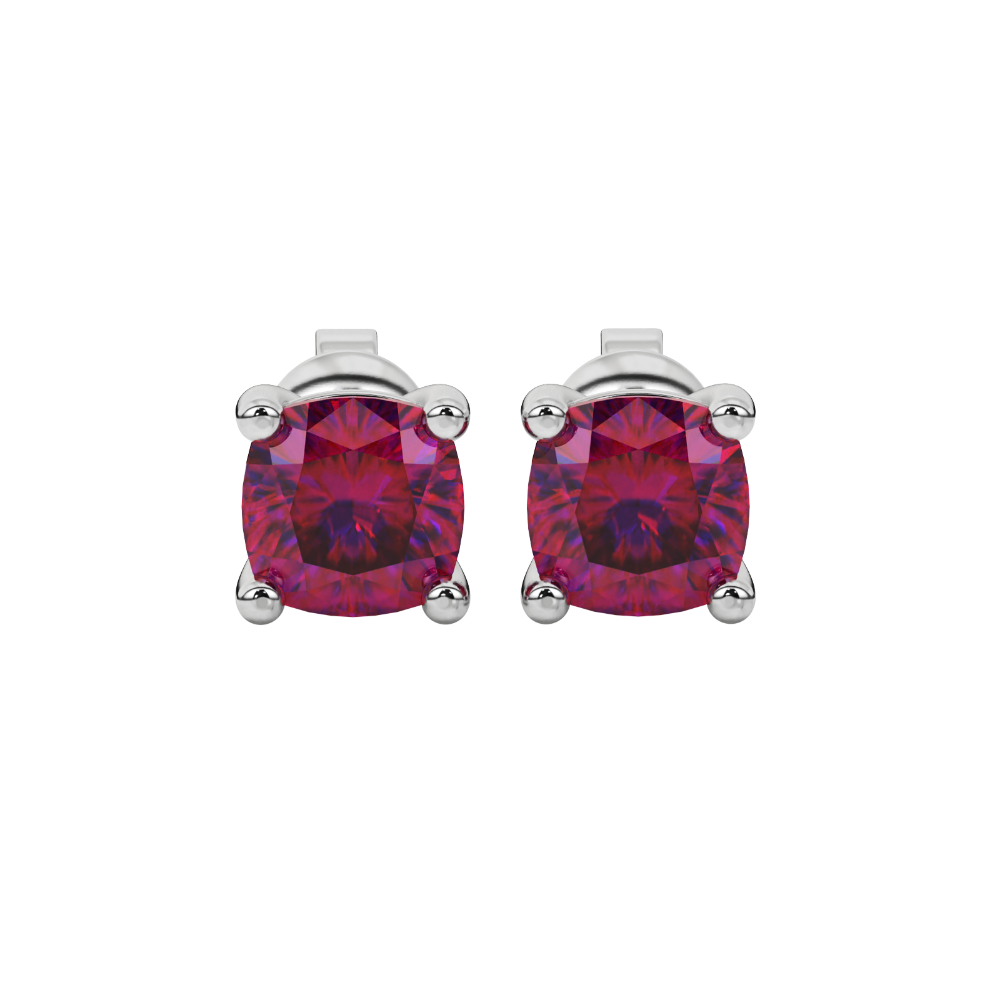 Red cushion cut gemstone stud earrings in white gold with four-prong basket setting