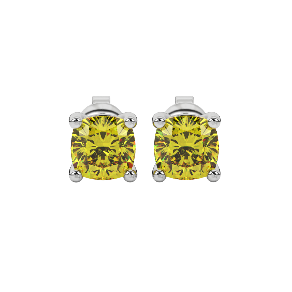 Yellow cushion cut gemstone stud earrings in yellow gold with four-prong basket setting