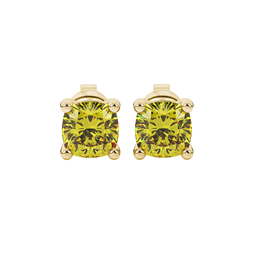 Yellow cushion cut gemstone stud earrings in yellow gold with four-prong basket setting