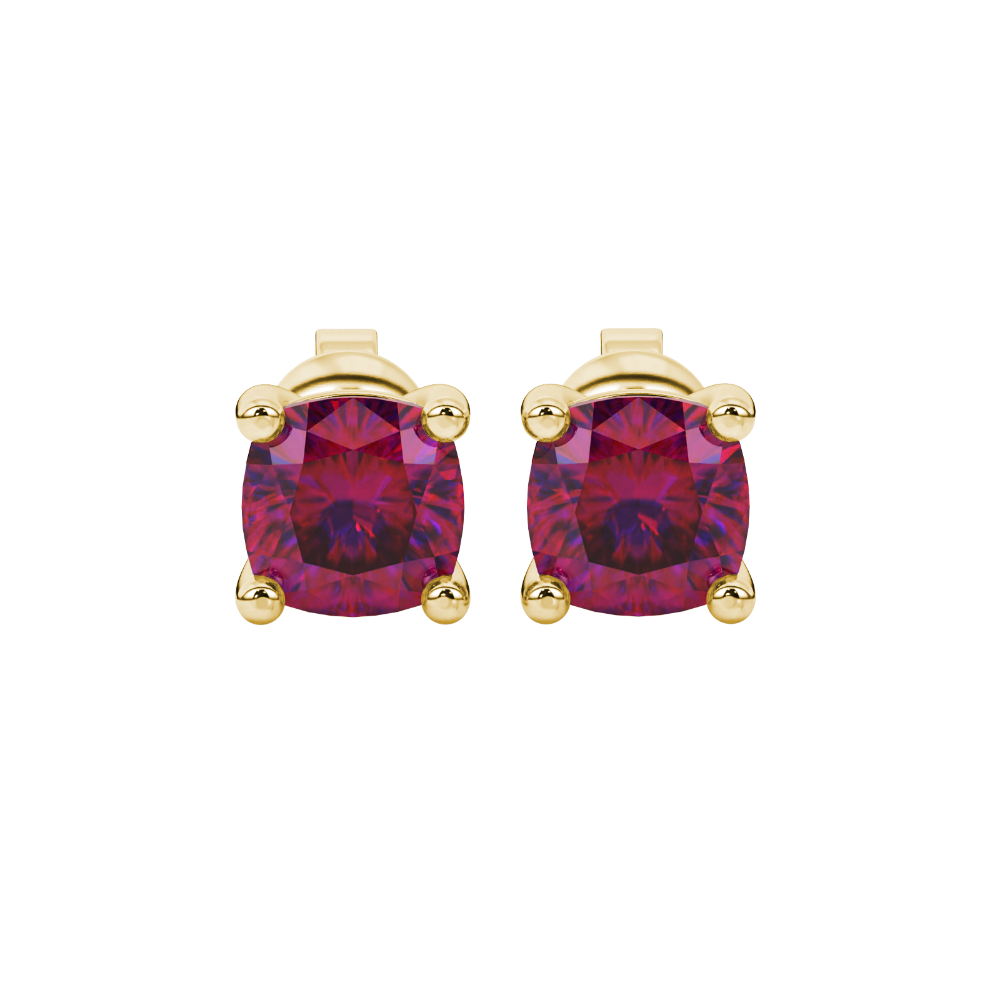 Red cushion cut gemstone stud earrings in white gold with four-prong basket setting
