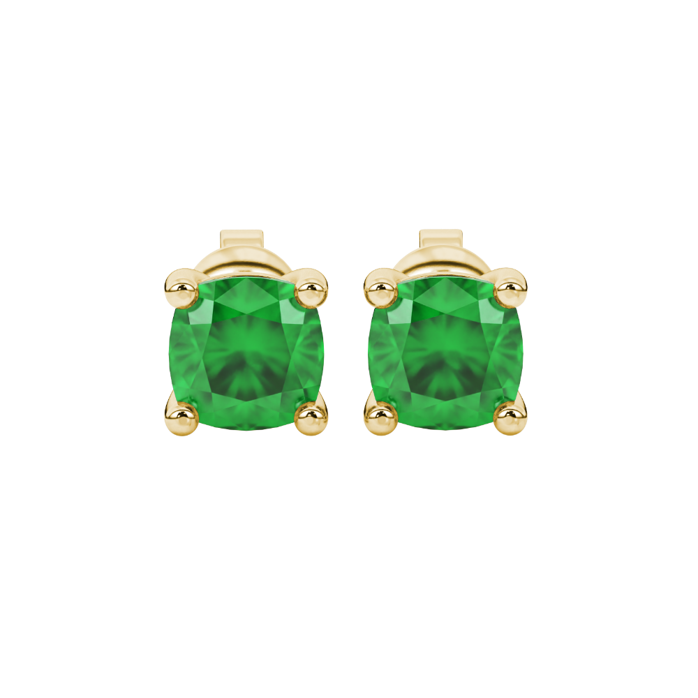 Green cushion cut gemstone stud earrings in white gold with four-prong basket setting