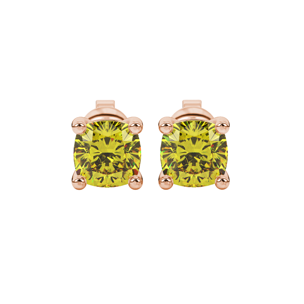 Yellow cushion cut gemstone stud earrings in yellow gold with four-prong basket setting