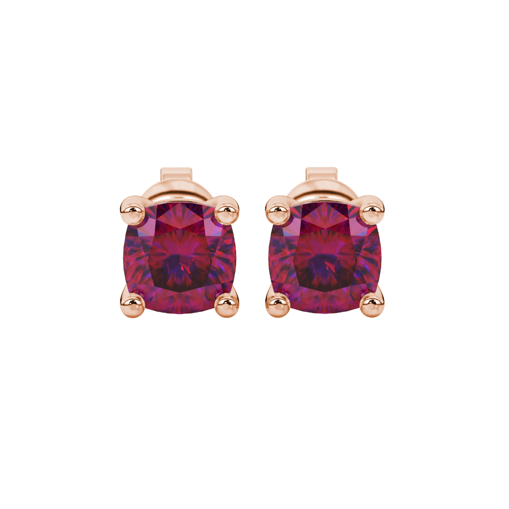Red cushion cut gemstone stud earrings in white gold with four-prong basket setting