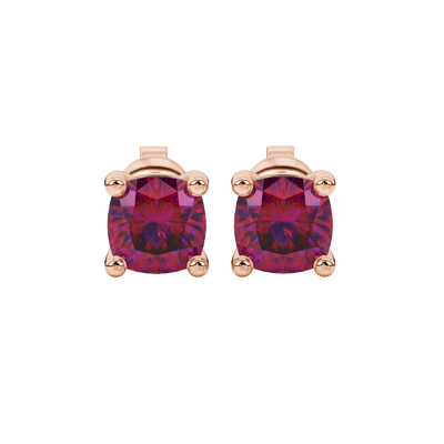 Red cushion cut gemstone stud earrings in white gold with four-prong basket setting