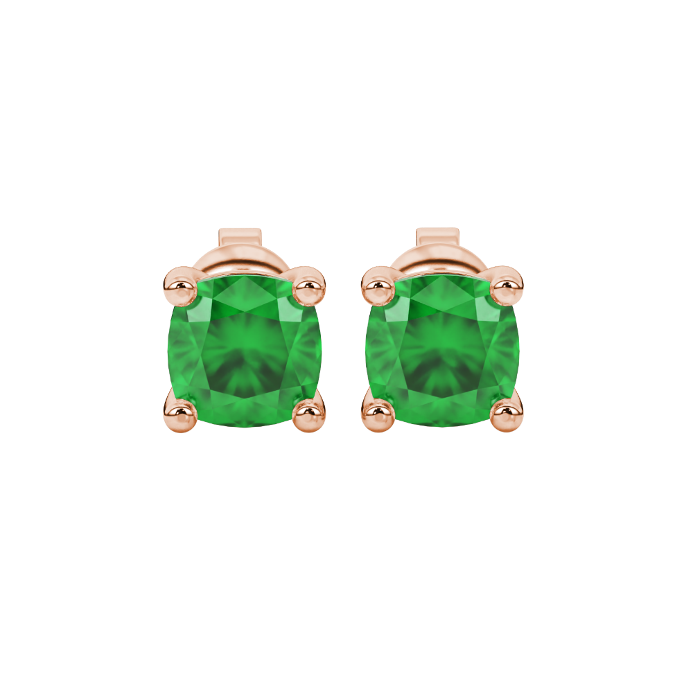 Green cushion cut gemstone stud earrings in white gold with four-prong basket setting