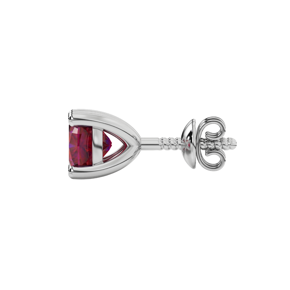 Red cushion cut gemstone stud earrings in white gold with four-prong basket setting