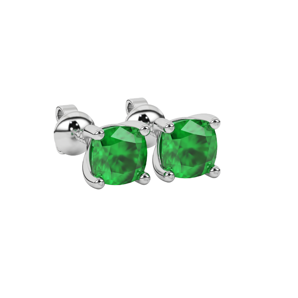 Green cushion cut gemstone stud earrings in white gold with four-prong basket setting