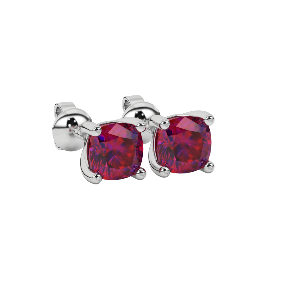 Red cushion cut gemstone stud earrings in white gold with four-prong basket setting