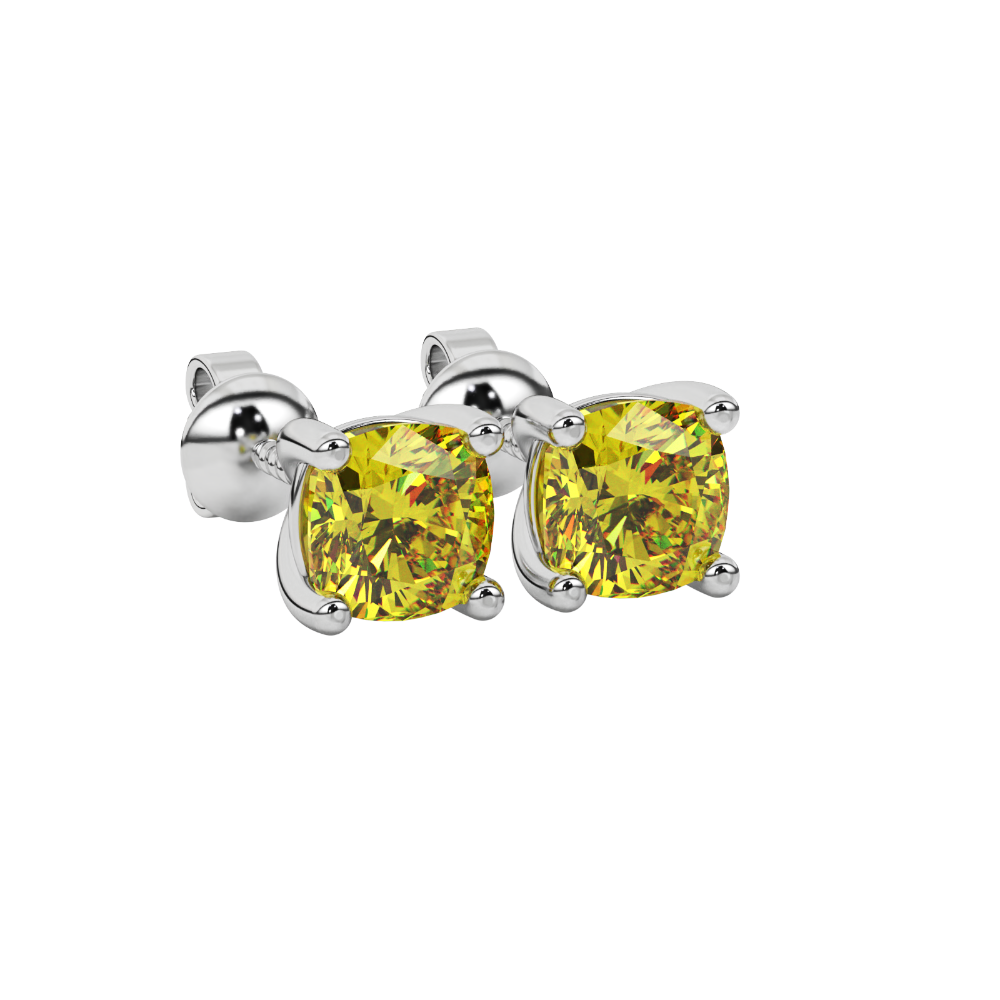Yellow cushion cut gemstone stud earrings in yellow gold with four-prong basket setting