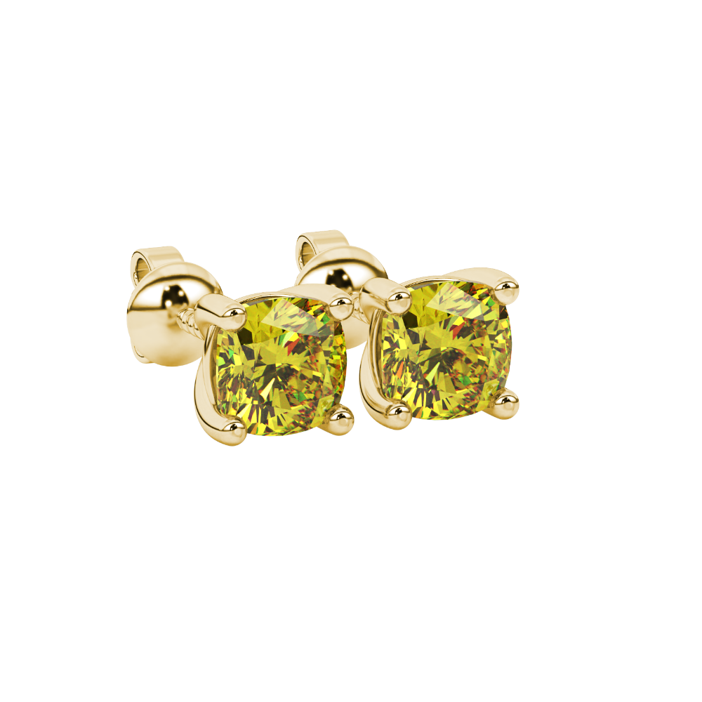 Yellow cushion cut gemstone stud earrings in yellow gold with four-prong basket setting