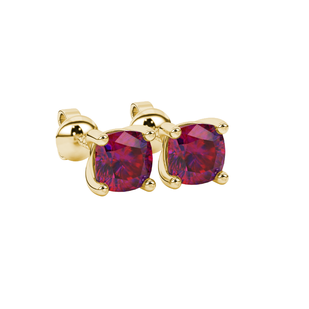Red cushion cut gemstone stud earrings in white gold with four-prong basket setting