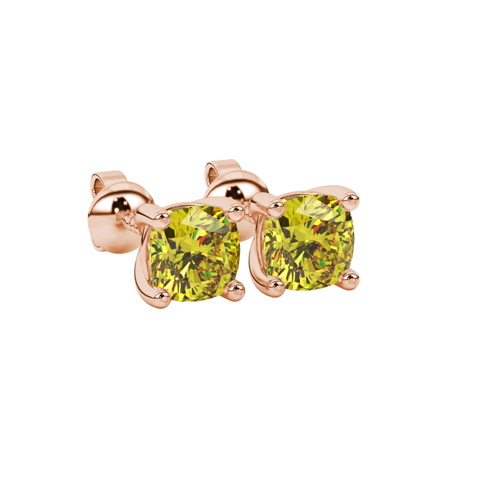 Yellow cushion cut gemstone stud earrings in yellow gold with four-prong basket setting