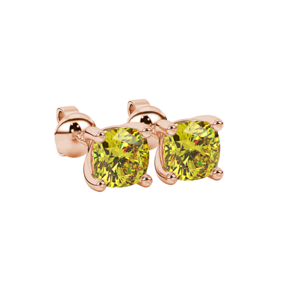 Yellow cushion cut gemstone stud earrings in yellow gold with four-prong basket setting