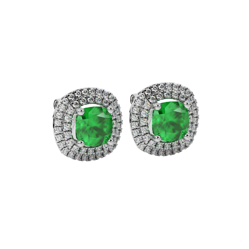 Green cushion cut gemstone double halo stud earrings in yellow gold