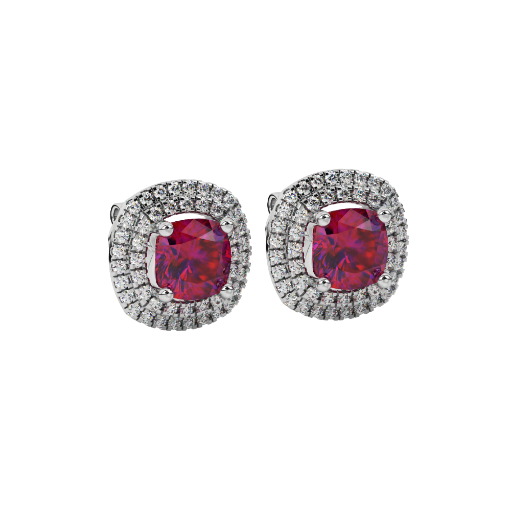 Red cushion cut gemstone double halo stud earrings in yellow gold