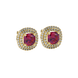 Red cushion cut gemstone double halo stud earrings in yellow gold