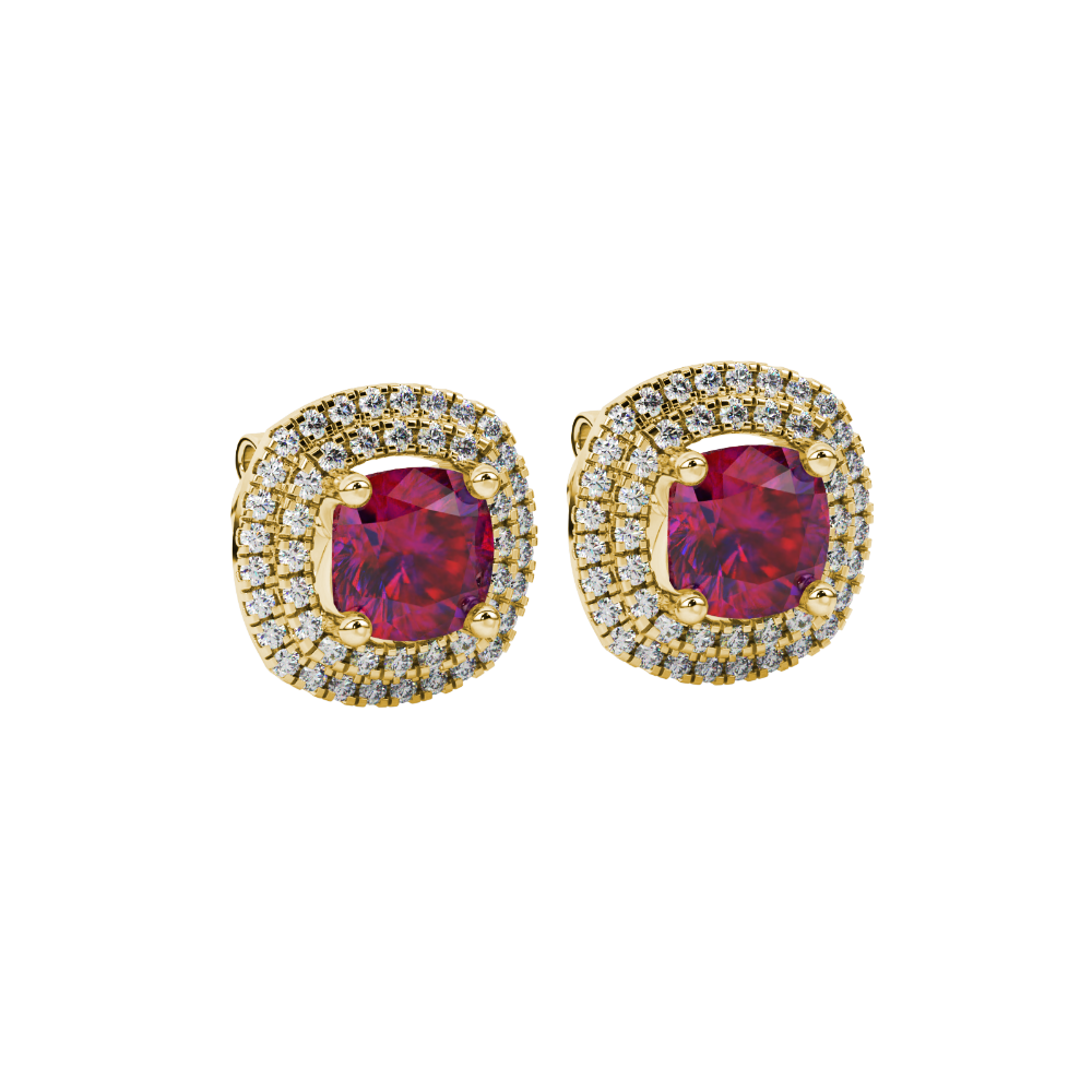 Red cushion cut gemstone double halo stud earrings in yellow gold