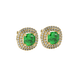 Green cushion cut gemstone double halo stud earrings in yellow gold