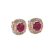 Red cushion cut gemstone double halo stud earrings in yellow gold