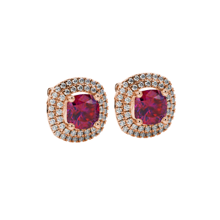 Raspberry Red gemstone double halo stud earrings in rose gold
