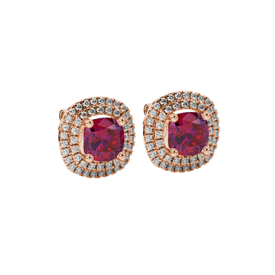 Raspberry Red gemstone double halo stud earrings in rose gold
