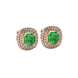Green cushion cut gemstone double halo stud earrings in yellow gold