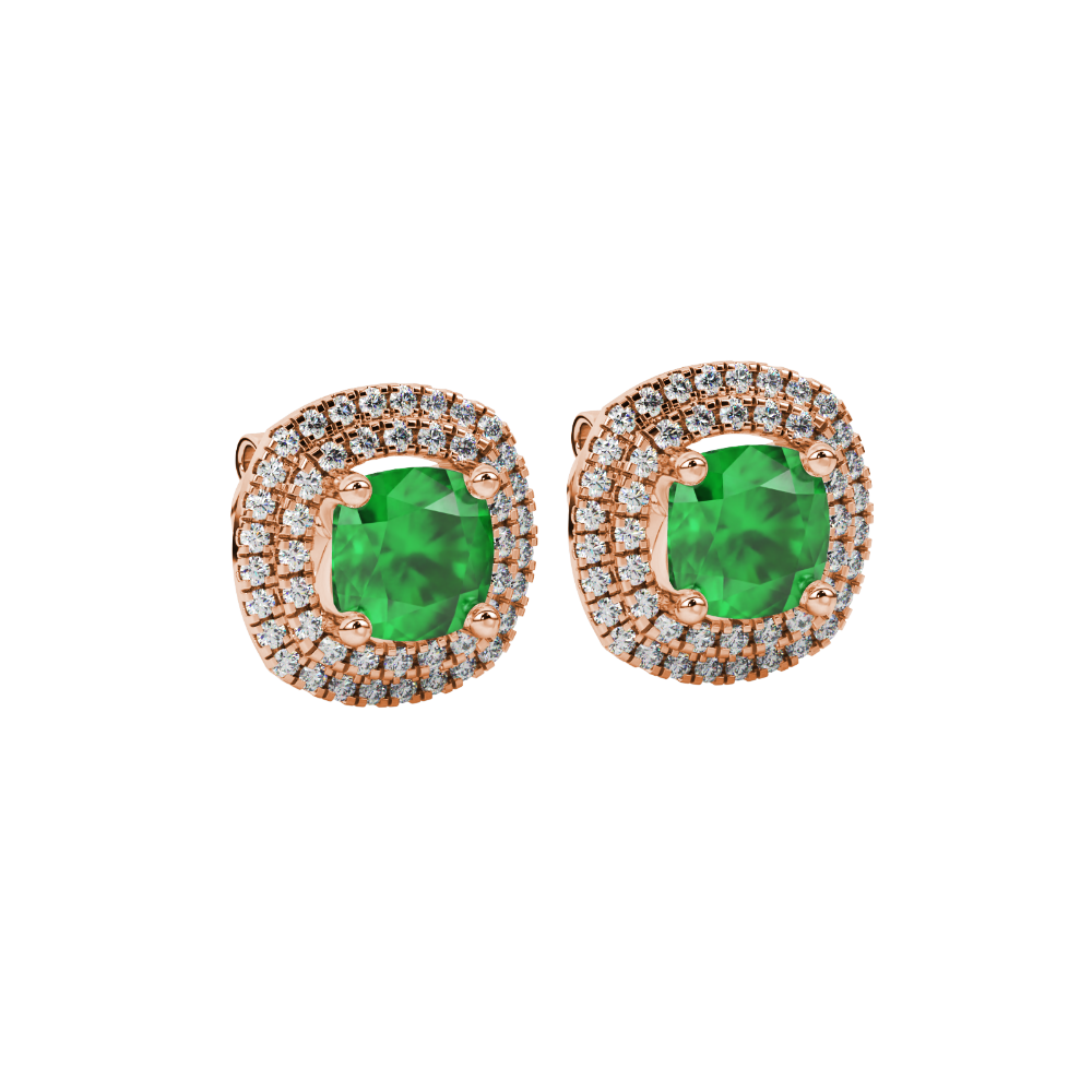 Green cushion cut gemstone double halo stud earrings in yellow gold