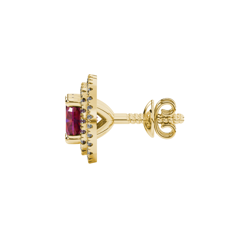Red cushion cut gemstone double halo stud earrings in yellow gold