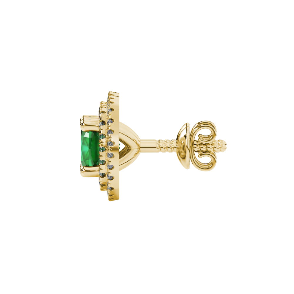 Green cushion cut gemstone double halo stud earrings in yellow gold