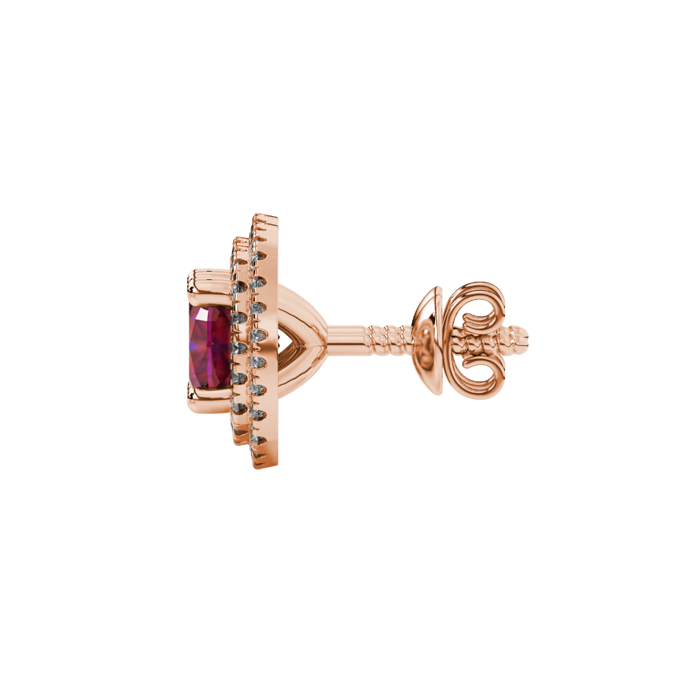 Red cushion cut gemstone double halo stud earrings in yellow gold