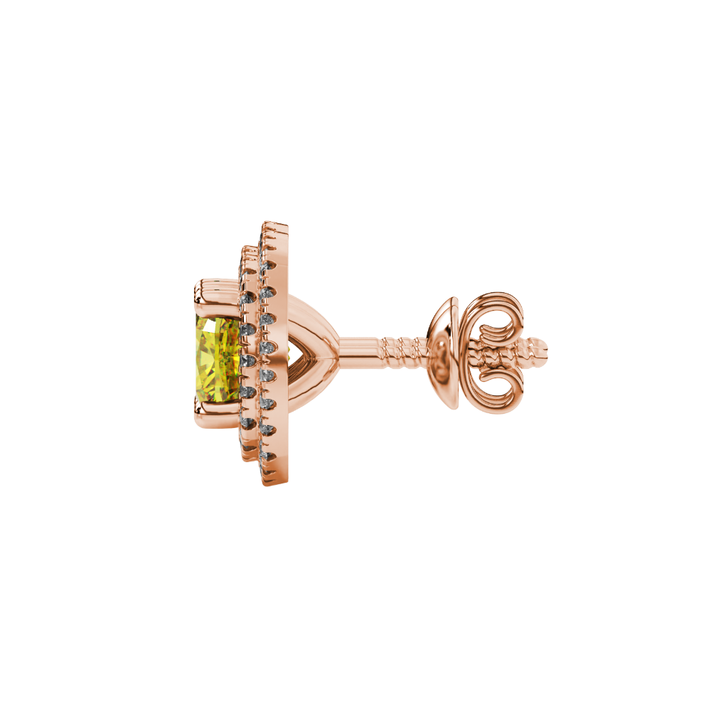 Yellow cushion cut gemstone double halo stud earrings in yellow gold
