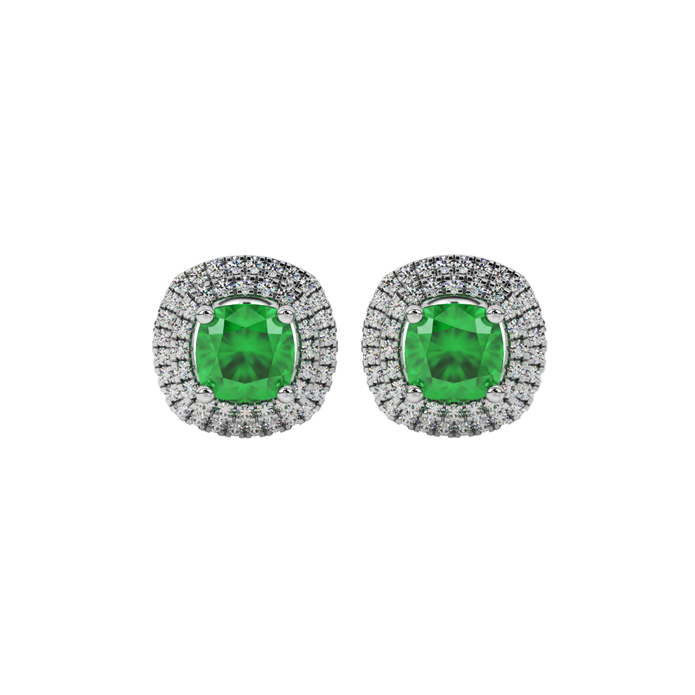 Green cushion cut gemstone double halo stud earrings in yellow gold