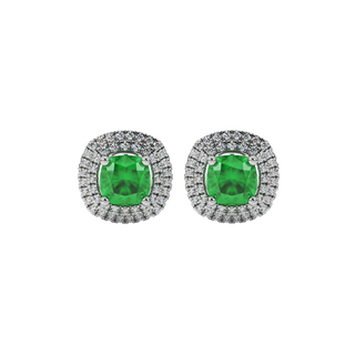 Emerald Green gemstone double halo stud earrings in white gold
