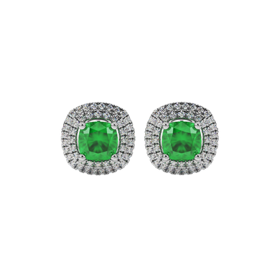 Emerald Green gemstone double halo stud earrings in white gold
