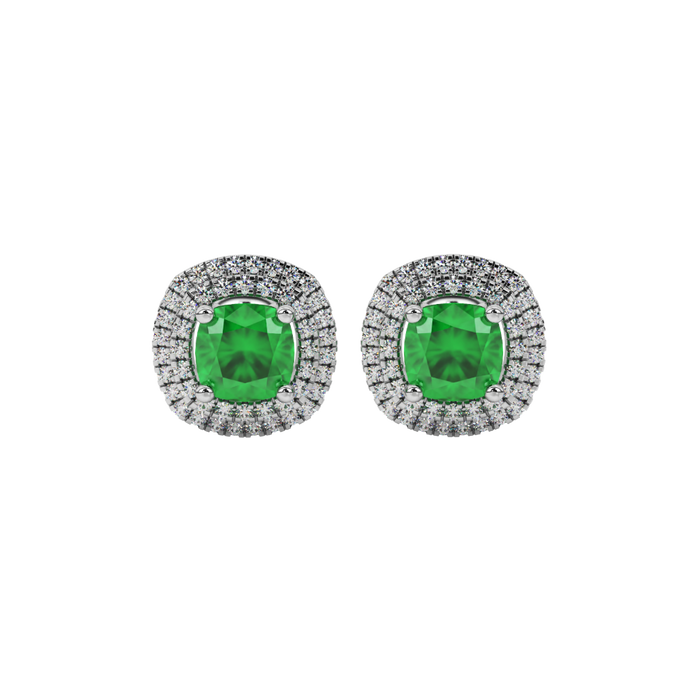 Green cushion cut gemstone double halo stud earrings in yellow gold